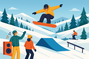 Riders en el Snowpark de Sierra Nevada con saltos, rails y ambiente animado.