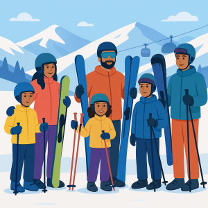 Familia equipada con esquís y cascos en la base de Sierra Nevada.