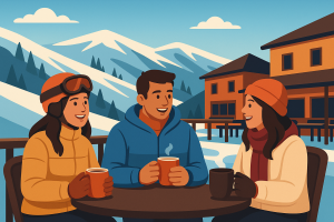 Amigos en terraza de Pradollano disfrutando après-ski con montañas nevadas.