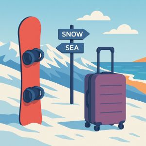 Snowboard en la nieve con referencia a mar cercano en Sierra Nevada.