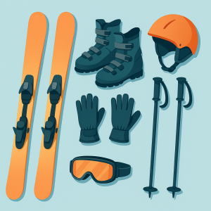 Equipo básico de esquí para principiantes listo para usar en la nieve.
