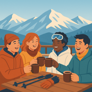 Grupo de amigos disfrutando de chocolate caliente tras esquiar en Sierra Nevada.